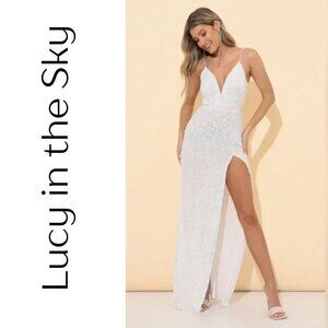 Lucy in the Sky White Sequin Deep V Maxi Dress with Thigh Slit